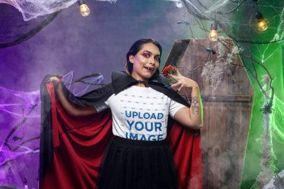 Bella Canvas T-Shirt Mockup Featuring a Woman Dressed as Dracula for Halloween