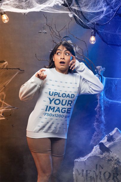 Halloween-Inspired Mockup of a Woman with a Nervous Face Wearing a Sweatshirt m51247