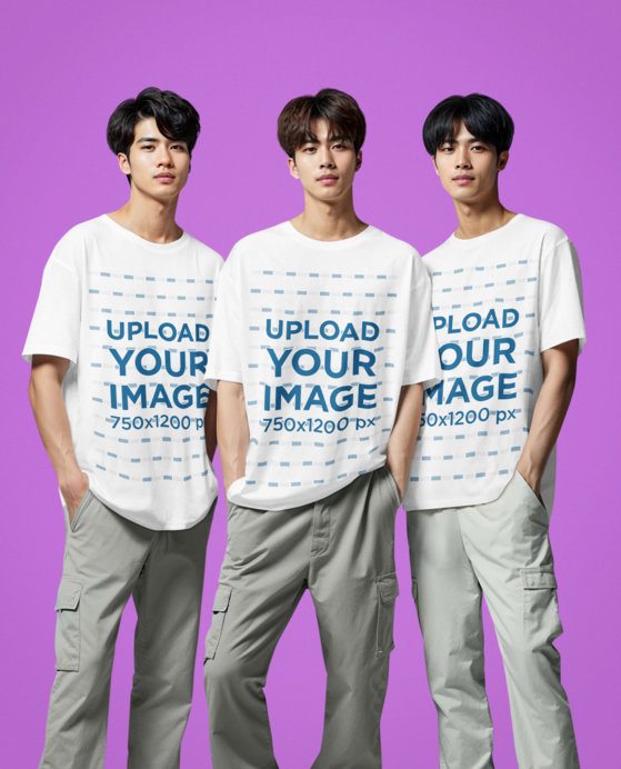 Boyband-Inspired Mockup of Three AI-Generated Men Wearing T-Shirts With K-Pop-Styled Looks