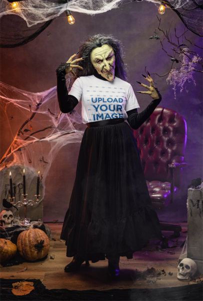 Halloween-Inspired Mockup Featuring an Evil Witch Wearing a Bella Canvas T-Shirt