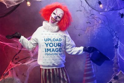 Round-Neck Sweatshirt Mockup Featuring an Eerie Clown in a Horror House m51265