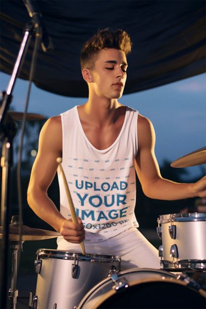 Tank Top Mockup Featuring an AI-Created Man Playing the Drums