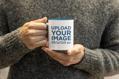 Mockup of a Person Holding an 11 oz Coffee Mug with Both Hands