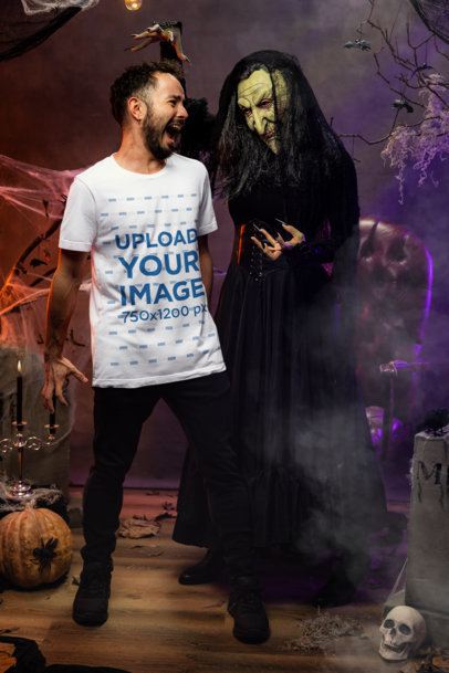 Bella Canvas Tee Mockup of a Scared Man in a Haunted House