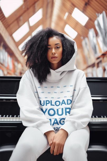 Hoodie Mockup of an AI-Generated Woman With Afro Hairstyle Sitting Against a Piano