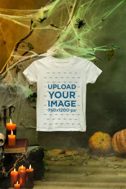 Mockup of a Kids' Bella Canvas T-Shirt Placed in a Halloween-Decorated Setting m51291