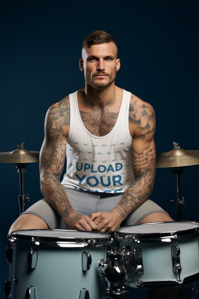 Tank Top Mockup Featuring an AI-Created Bearded Man With Tattoos Playing the Drums m40323