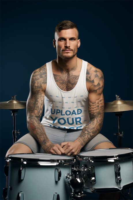 Tank Top Mockup Featuring an AI-Created Bearded Man With Tattoos Playing the Drums