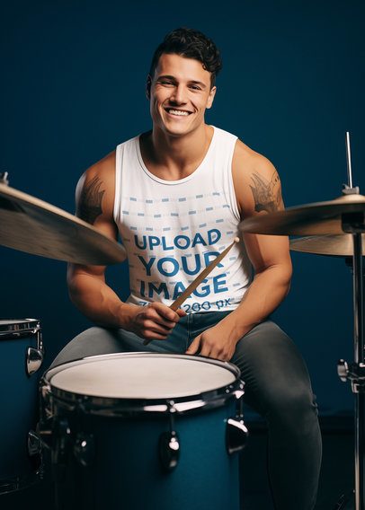 Tank Top Mockup of an AI-Generated Cheerful Man With Tattoos Playing the Drums m40324