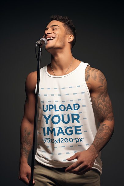 Tank Top Mockup of an AI-Generated Tattooed Man Singing With a Cheerful Face m40325