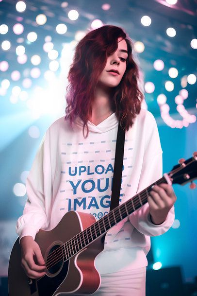 Hoodie Mockup Featuring an AI-Created Musician Woman Playing the Guitar