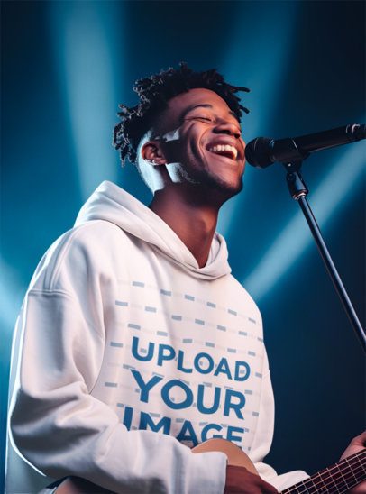 Pullover Hoodie Mockup of an AI-Generated Cheerful Man Singing and Playing the Guitar in a Concert