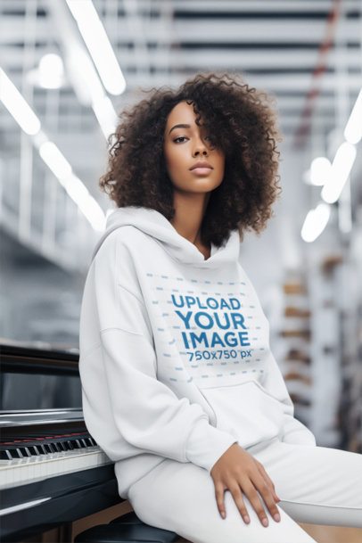 Pullover Hoodie Mockup of an AI-Generated Woman Sitting in a Piano