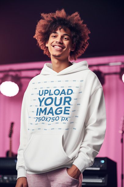 Hoodie  Mockup of an AI-Generated Happy Man Posing in a Music Recording Studio m40353