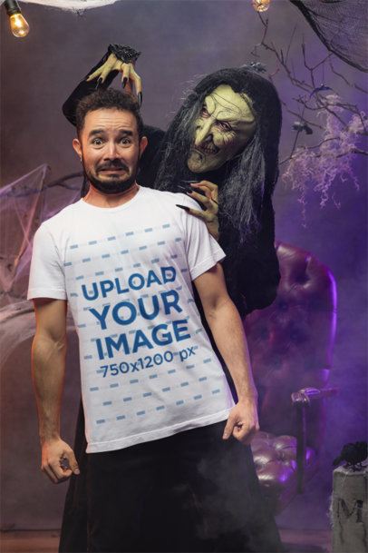 Bella Canvas T-Shirt Mockup Featuring a Frightened Man and an Evil Witch