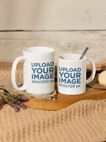 Mockup Featuring an 11 oz and a 15 oz Coffee Mugs in a Decorated Setup