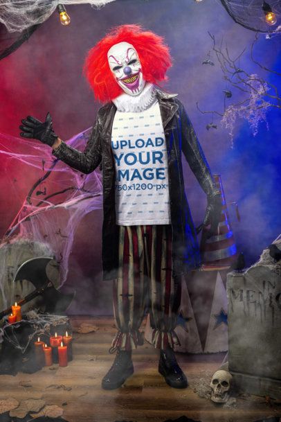 Mockup Featuring a Scary Clown Wearing a Bella Canvas Tee in a Horror House