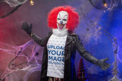 Bella Canvas T-Shirt Mockup Featuring an Evil Clown in a Halloween Setting
