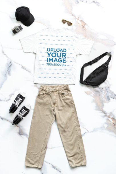 Outfit Mockup of an Oversized Round-Neck T-Shirt Lying on a Marble Surface m50589