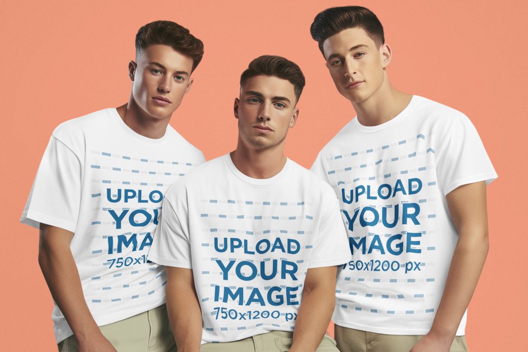 Round-Neck T-Shirt Mockup Featuring an AI-Created Boyband Posing in a Studio