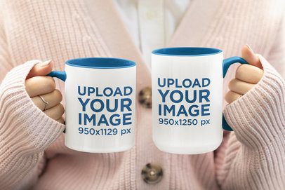 Drinkware Mockup Featuring a Woman Holding Coffee Mugs