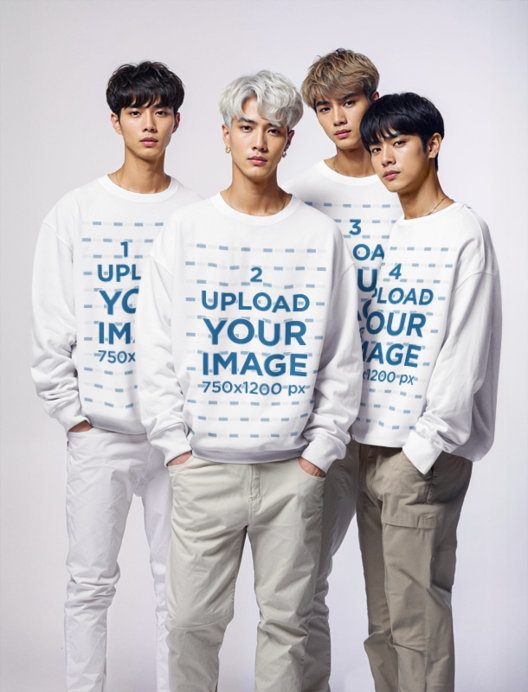 Sweatshirt Mockup Featuring an AI-Created Boyband Posing With Serious Looks
