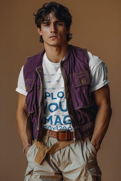Round-Neck T-Shirt Mockup Featuring an AI-Created Man Inspired by a Movie Character