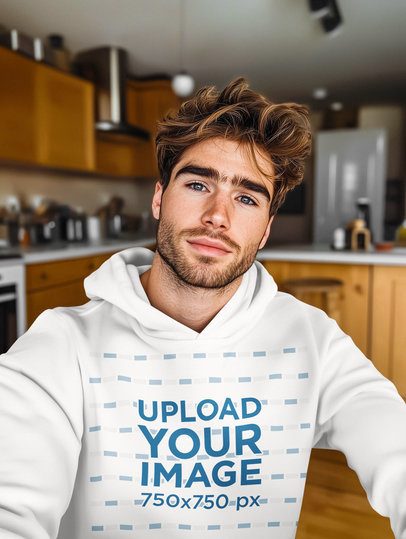 Pullover Hoodie Mockup Featuring an AI-Created Man Taking a Selfie in the Kitchen