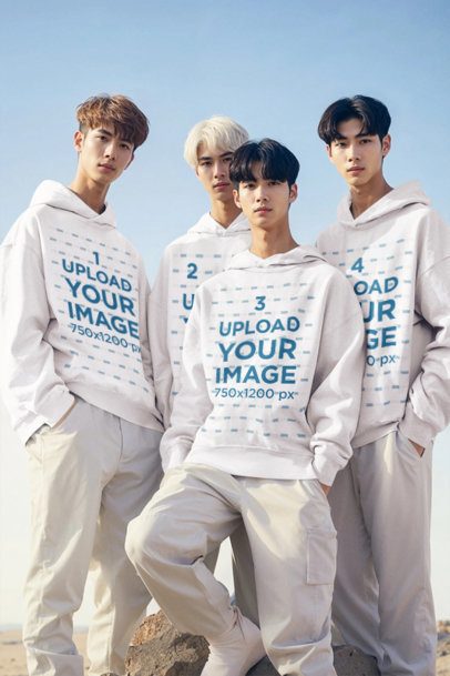 Boyband-Inspired Mockup of AI-Generated Men Wearing Pullover Hoodies m41069