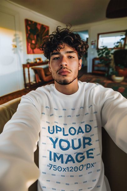 Selfie Mockup Featuring an AI-Created Serious Man Wearing a Crewneck Sweatshirt