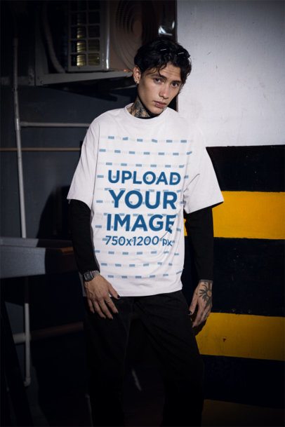 Oversized Tee Mockup Featuring a Tattooed Man in a Grunge-Style Outfit