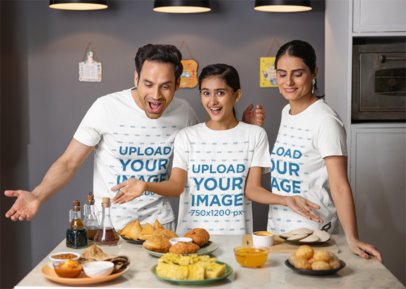 Scott International Tee Mockup Featuring a Cheerful Family Showing Delicious Dishes