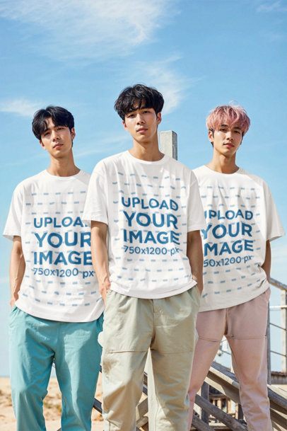 Round-Neck T-Shirt Mockup Featuring AI-Created Men Inspired by a K-Pop Boyband m41104