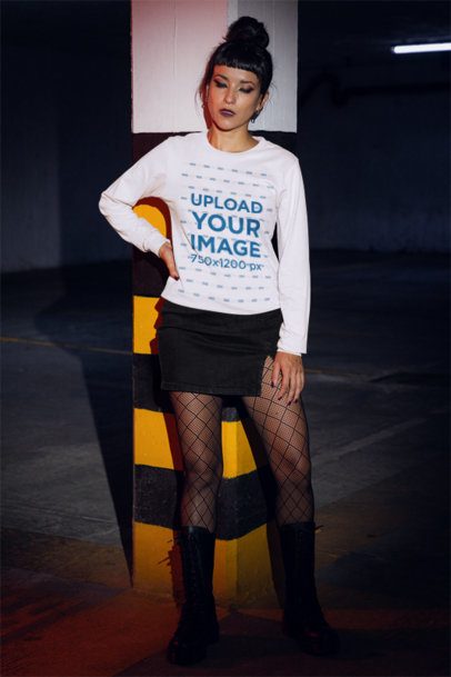 Bella Canvas Long-Sleeve Tee Mockup of a Gothic-Styled Woman in a Parking Lot