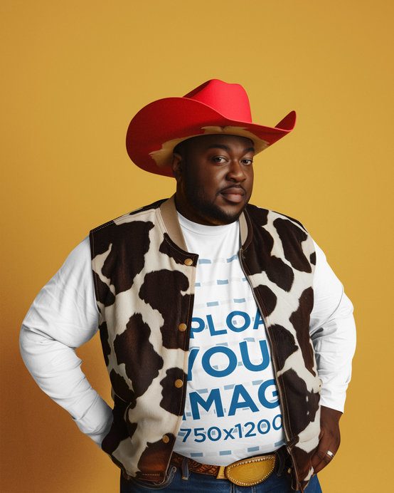 Cowboy Toy Film-Inspired Mockup Featuring an AI-Created Man Wearing a Long-Sleeve Tee in a Studio