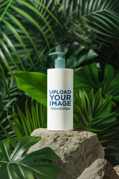 Mockup of an AI-Generated Shampoo Bottle Placed on a Rock m50672