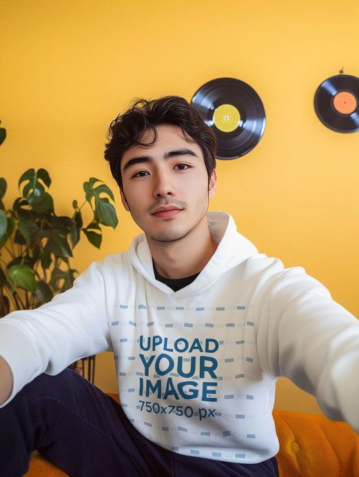 Hoodie Mockup Featuring an AI-Generated Man Taking a Selfie in a Cool Living Room