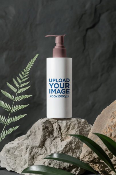 AI-Generated Mockup of a Shampoo Bottle Placed over a Rock m50670