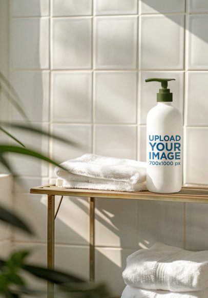 Mockup of an AI-Generated Shampoo Bottle Placed on a Bathroom Shelf m50653