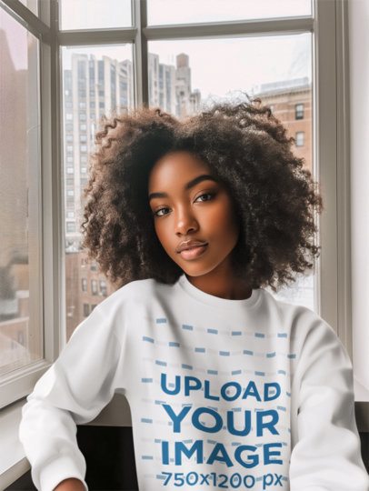 Sweatshirt Mockup of an AI-Generated Woman Taking a Selfie in an Apartment