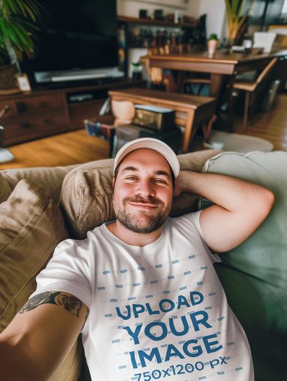 T-Shirt Mockup Featuring an AI-Generated Tattooed Man Taking a Selfie in a Living Room