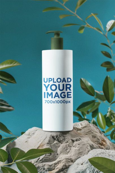 AI-Created Mockup Featuring a Shampoo Bottle Placed on a Rock with Leaves m50671