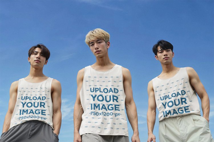 Tank Top Mockup of an AI-Generated Music Boyband Posing Against a Blue Sky