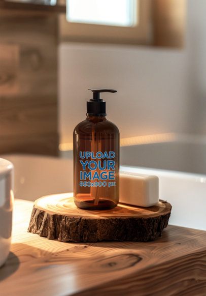 Mockup of an AI-Created Shampoo Bottle Placed on a Wooden Surface Near a Tub m50640