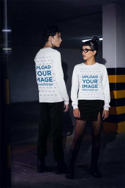 Bella Canvas Long-Sleeve Tee Mockup of a Serious Man and Woman in a Gothic Look