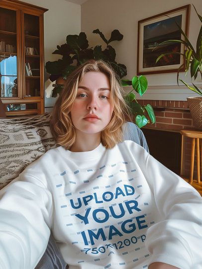 Sweatshirt Mockup of an AI-Created Serious Woman Taking a Selfie While Sitting in a Couch