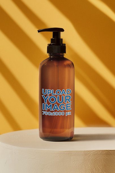 AI-Created Mockup Featuring an Amber Shampoo Bottle Placed on a Table