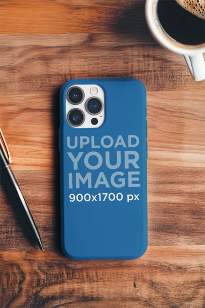 Mockup of an AI-Generated Phone Case Lying on a Wooden Table With a Pen and a Cup of Coffee