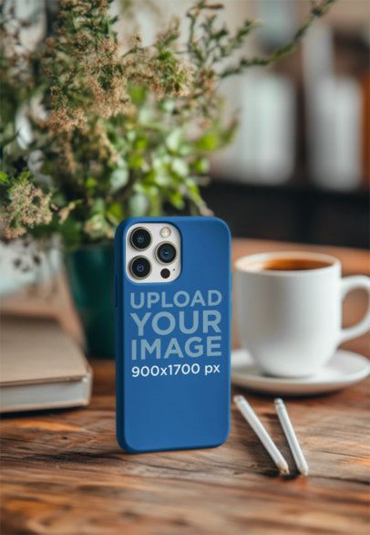 AI-Created Mockup Featuring a Phone Case Placed in a Vintage Coffee Table