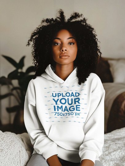 Hoodie Mockup of an AI-Generated Afro-Haired Woman Sitting on a Comfy Couch